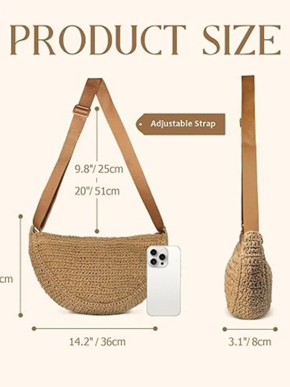 Straw Crossbody Bag Woven Hobo Shoulder Purse Adjustable Strap - Picture 6 of 6